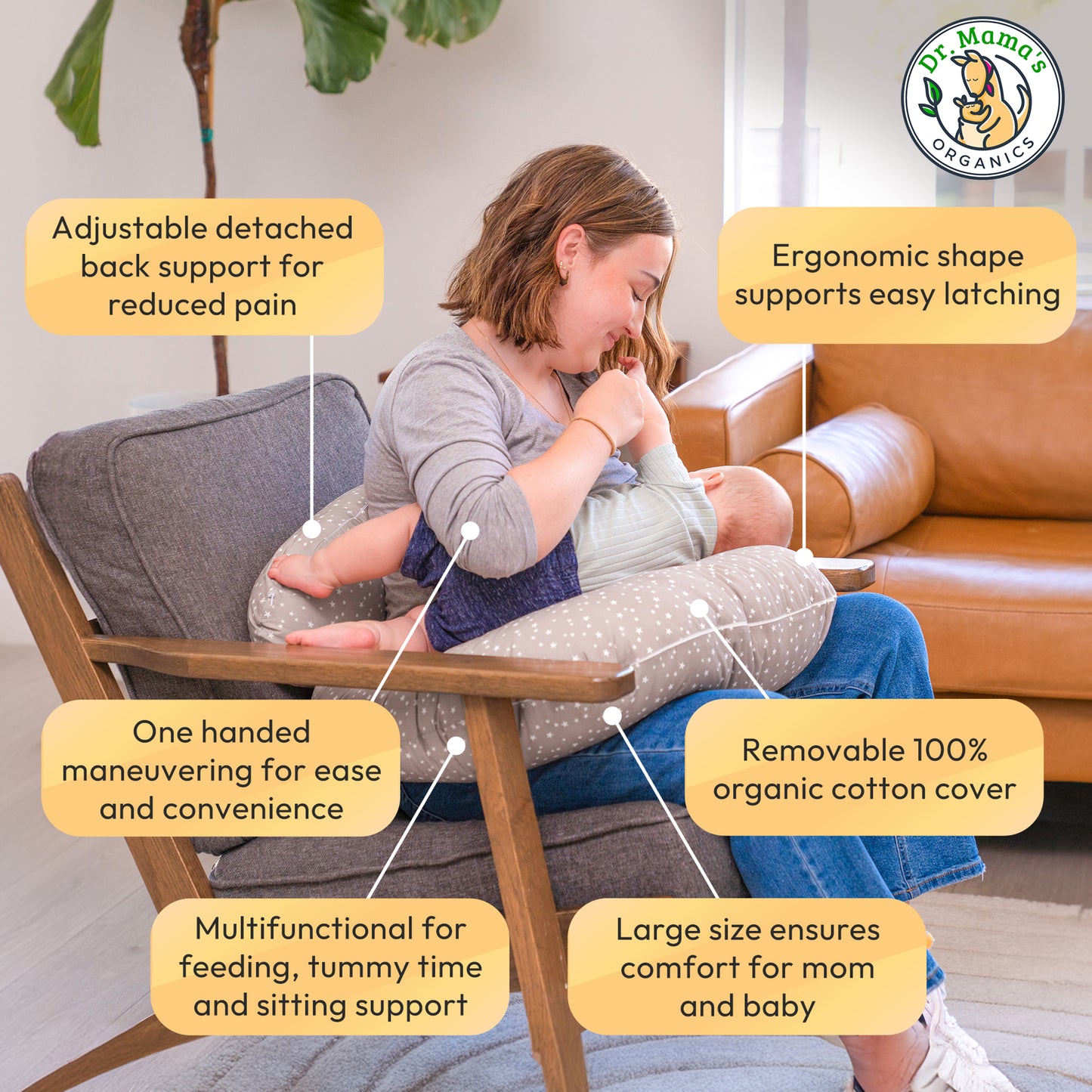 Nursing Pillow With Lumbar Support and Removable Organic Cover